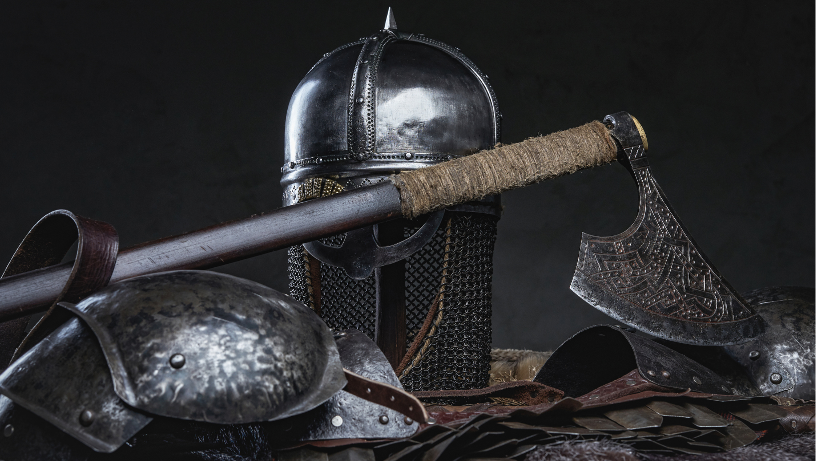 A viking helmet with plates, a symbol of strength and protection, complete vikings display and depictions