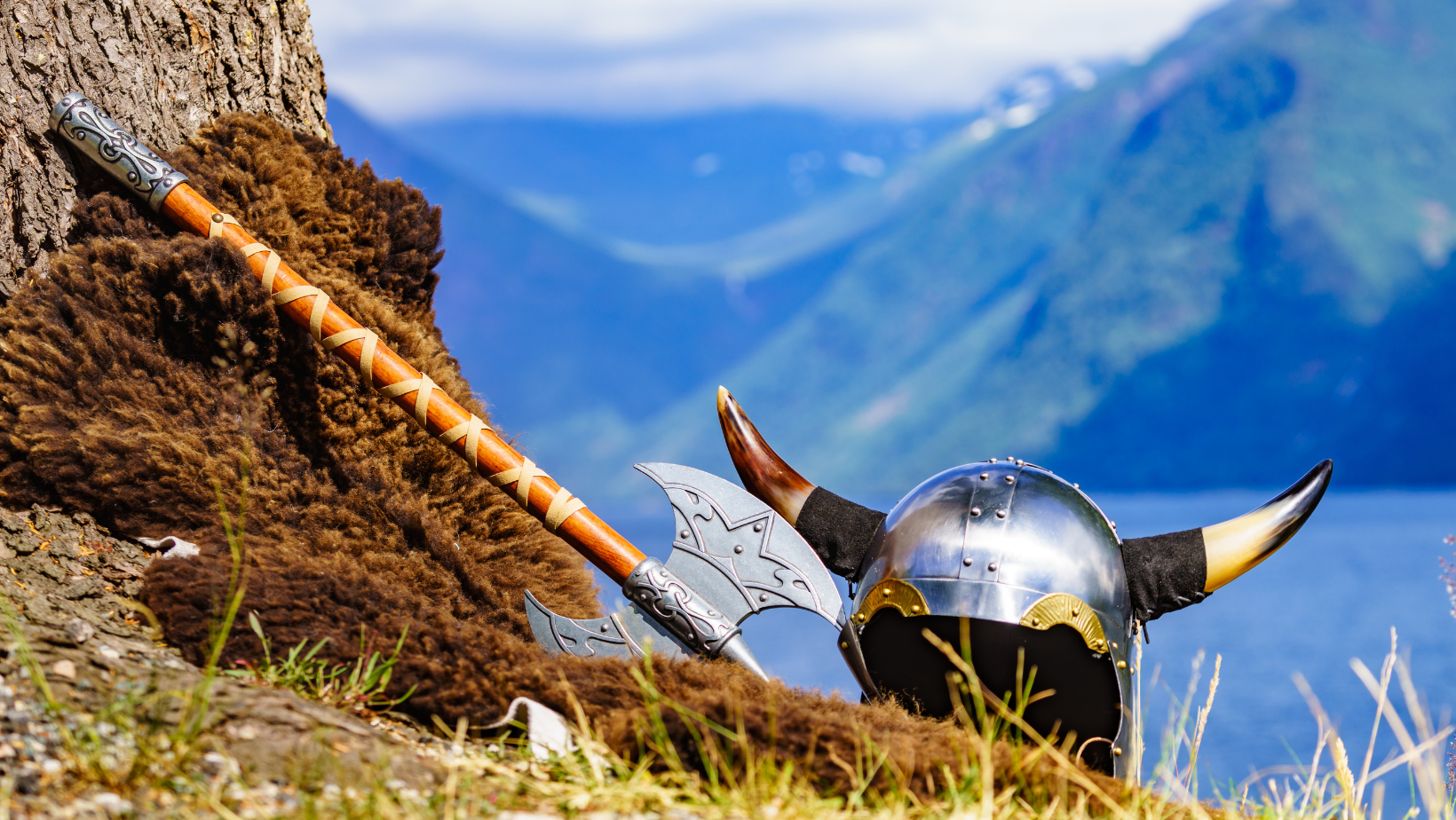 A viking helmet with a rounded or peaked cap, a symbol of strength and power, horns, vikings, viking age, helm